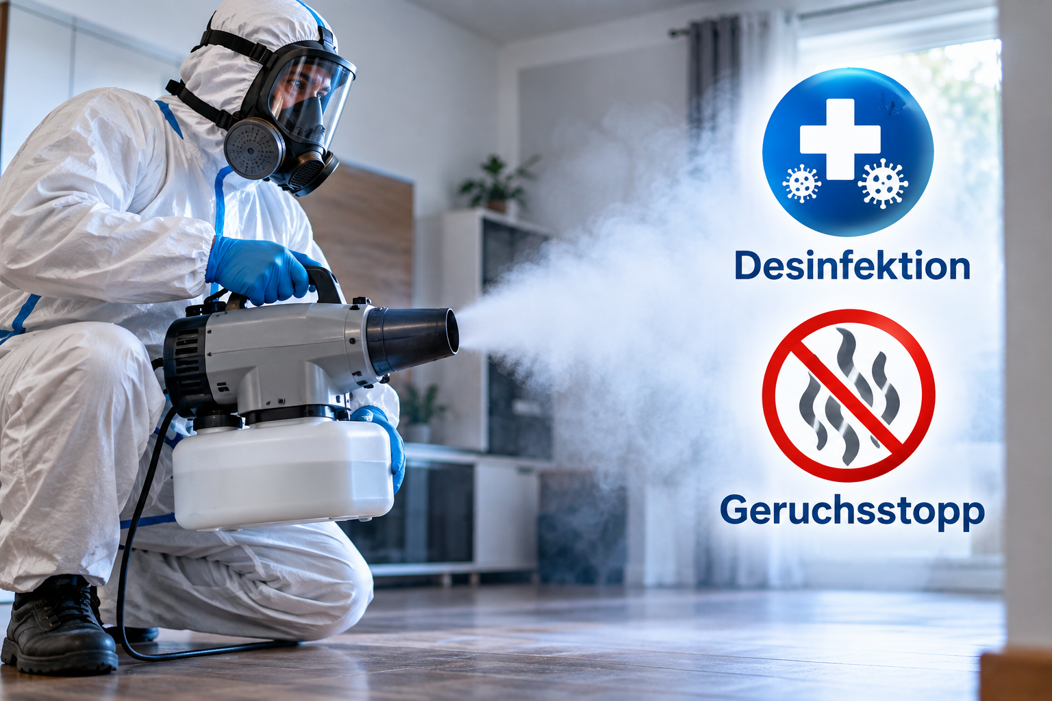 Gründliche Desinfektion betroffener Bereiche und professionelle Neutralisierung hartnäckiger Gerüche.